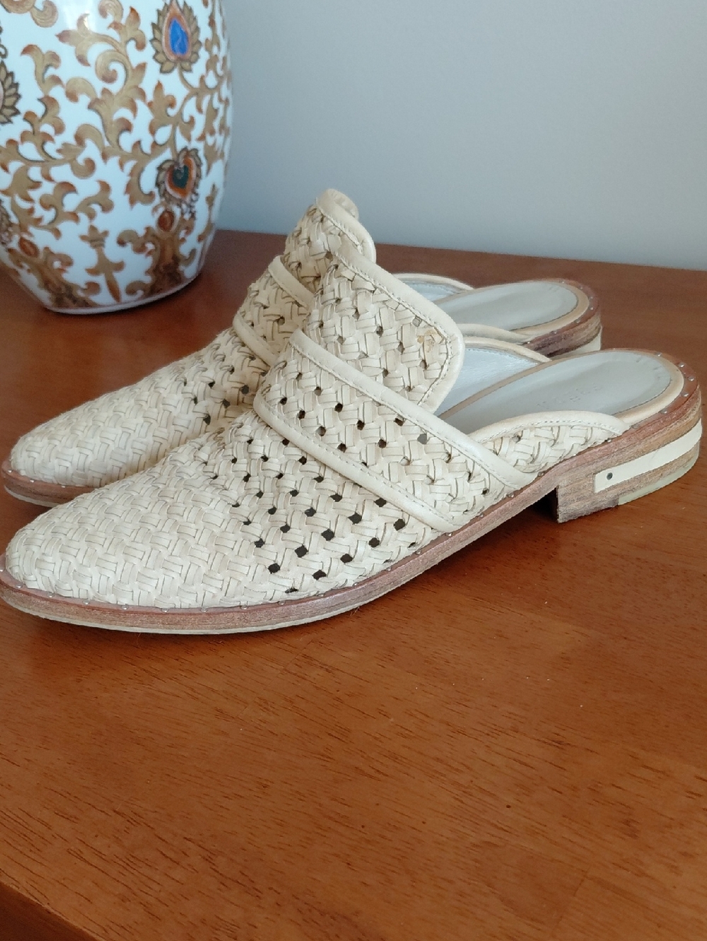 Freda Salvador Woven Leather Slip-On Mules in Cream